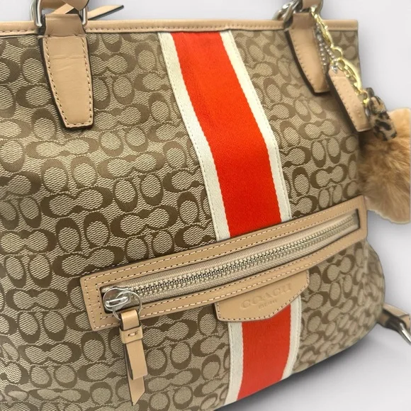 Coach Signature Varsity Stripe Medium Tote Bag – Khaki/Red – Style F27024 - Picture 5 of 16